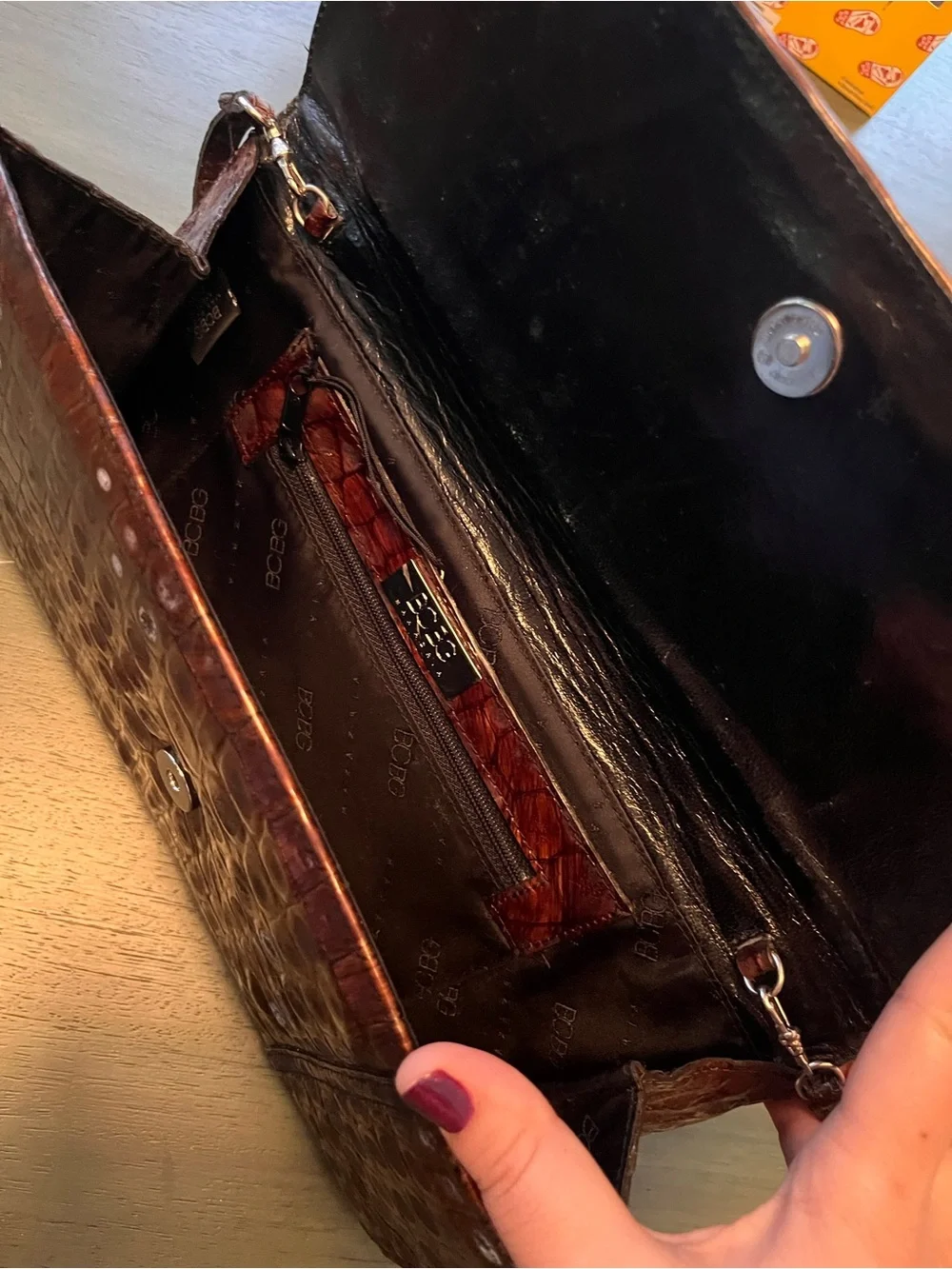 BCBG Brown Croc-Embossed Wristlet Clutch